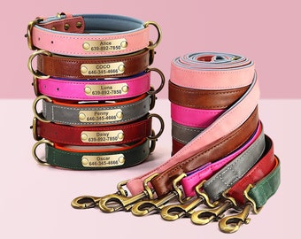 Personalized Engraved PU Leather Dog Collar Soft Padded Dog Collar with name plate, Matching Leash Available