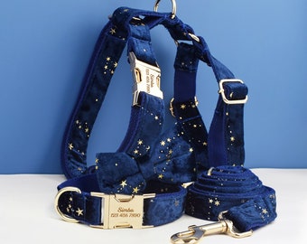 Stars Dog Harness, Custom Navy Blue with Golden Stars Personalized Velvet Dog Collar, Bowtie, Leash, H-Style Harness, Different Combo