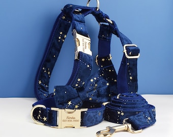 Stars Dog Harness, Custom Navy Blue with Golden Stars Personalized Velvet Dog Collar, Bowtie, Leash, H-Style Harness, Different Combo