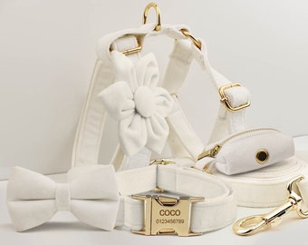 Custom White Velvet Personalized Dog Collar, Matching Dog Bowtie, Dog Flower, Dog Leash, H-Style Dog Harness & Dog Poop Bag, Different Combo