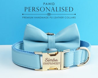 Light Blue PU Leather Dog Collar Leash Bowtie, Personalized Collar, Vegan Leather Dog Harness Poop Bag for Wedding Gift, Different Combo