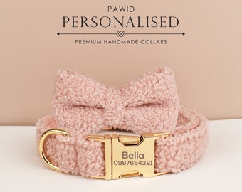 Noeud papillon personnalisé de laisse de collier de chien en tissu polaire bouclé rose, noeud papillon de collier de chiot, noeud papillon de laisse de collier de chien fait à la main, cadeau d’anniversaire