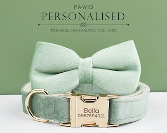 Nœud papillon vert sauge de collier de chien, noeud papillon personnalisé de collier de chiot, noeud papillon fait main de laisse de collier de chien de velours pour le cadeau d'anniversaire