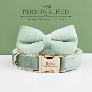 Sage Green Dog Collar Leash Bowtie, Personalized Puppy Collar Bowtie, Velvet Handmade Dog Collar Leash Bowtie for Birthday Gift
