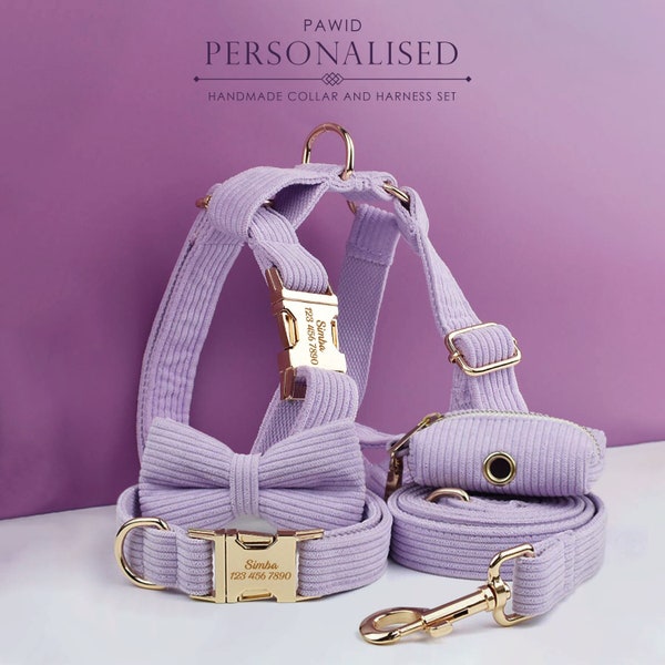 Collier de chien violet personnalisé avec nom en velours côtelé, harnais de chien de style H personnalisé, noeud papillon, laisse, sac de merde de chien, combo différent