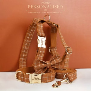 Collare per cani a quadri marroni con fibbia e nome, stile a quadri, pettorina per cani personalizzata in stile H, papillon, set di guinzagli, diverse combinazioni