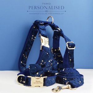 Stars Dog Harness, Custom Navy Blue with Golden Stars Personalized Velvet Dog Collar, Bowtie, Leash, H-Style Harness, Different Combo