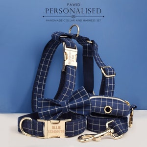 Custom Blue Navy Plaid Personalized Dog Collar, Matching Dog Bowtie, Flower, Leash, H-Style Dog Harness, Dog Poop Bag, Different Combo