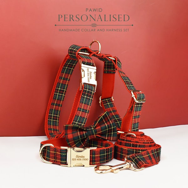 Personalized Tartan Christmas Dog Collar, Harness, Leash Green and Red Checkered Plaid Style, Different Combo, Dog Collar or Lead Set