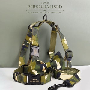Camouflage Dog Collar, H Harness,  Bow Tie, Leash, Custom Green Black Dog Collar Personalized Harness with Name, Different Combo