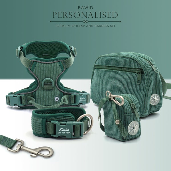 Personalised Dog Collar or Dog Harness Set - Green No Pull Dog Harness - Dog Leash - Poop Bag Holder - Treat Bag - Different Combo