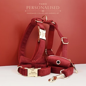 Custom Red Corduroy Personalized Dog Collar, Matching Dog Bowtie, Dog Leash, H-Style Dog Harness & Dog Poop Bag, Different Combo