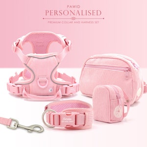 Personalised Dog Collar or Dog Harness Set - Pink No Pull Dog Harness - Dog Leash - Poop Bag Holder - Treat Bag - Different Combo