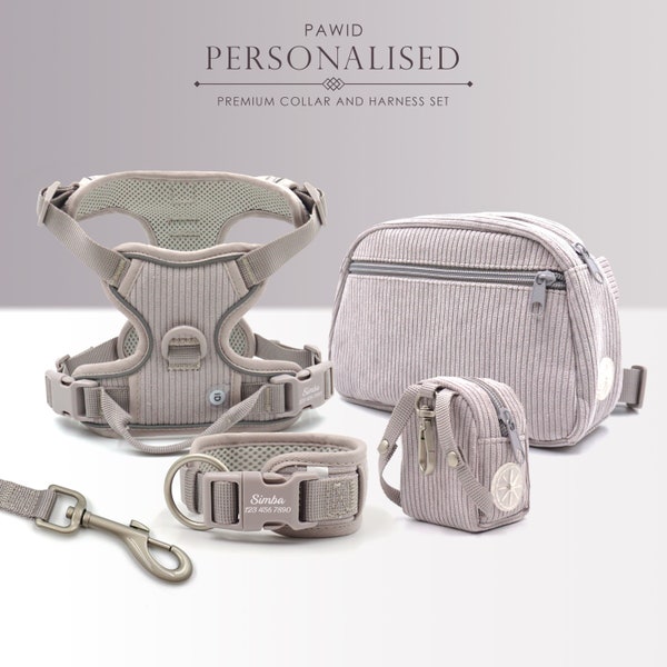 Personalised Dog Collar or Dog Harness Set - Grey No Pull Dog Harness - Dog Leash - Poop Bag Holder - Treat Bag - Different Combo