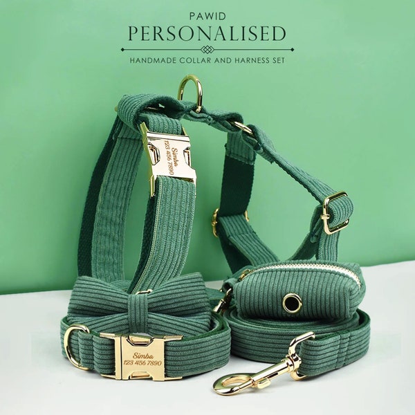 Custom Dark Green Corduroy Personalized Dog Collar, Matching Dog Bowtie, Dog Leash, H-Style Dog Harness & Dog Poop Bag, Different Combo