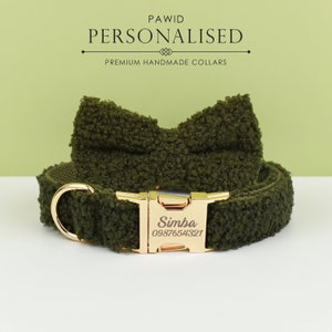 Personalized Dog Collar Leash Bowtie in Green Curly Fleece Fabric, Puppy Collar Bowtie, Handmade Dog Collar Leash Bowtie, Birthday Gift
