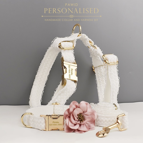 Collar de perro de boda de lujo personalizado de encaje blanco personalizado o flor de perro, correa de perro y arnés de perro estilo H para perros pequeños, medianos y grandes