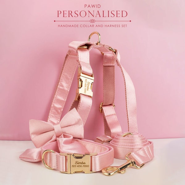 Wedding Pink Dog Harness in Silky Satin, Custom Girl Princess Dog Collar with Name, Sailor Bow, Leash, for Small Large Female Dogs