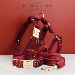 Stars Dog Harness, Custom Red Golden Stars Personalized Velvet Collar, Bowtie, Leash, H Harness, for Christmas and New Year, Different Combo