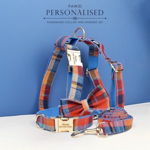 Tartan Dog Collar, Blue Red Check Custom H-Style Dog Harness, Leash, Collar, Bowtie, Stylish Boy Dog Accessories, Different Combo