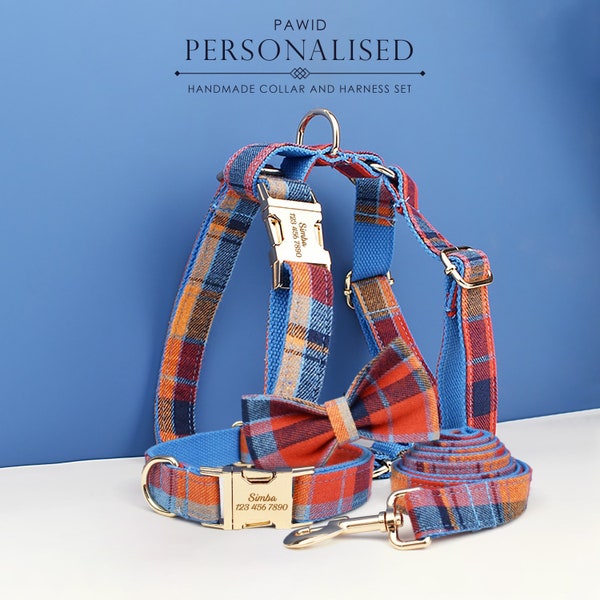 Tartan Dog Collar, Blue Red Check Custom H-Style Dog Harness, Leash, Collar, Bowtie, Stijlvolle Boy Dog Accessoires, Verschillende Combo