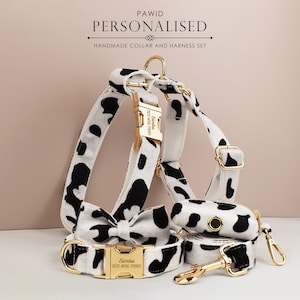 Custom White Black Cow Pattern Velvet Personalized Dog Collar, Matching Bowtie, Dog Leash, H-Style Harness & Dog Poop Bag, Different Combo
