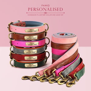 Personalized Engraved PU Leather Dog Collar Soft Padded Dog Collar with name plate, Matching Leash Available