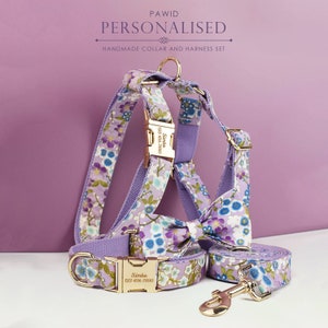 Custom Dog Harness in Purple Japanese Floral, Personalized Dog Collar with Name, Bowtie, Leash, H-Style Harness for Female Dog