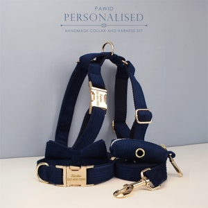 Custom Blue Corduroy Personalized Dog Collar, Matching Dog Bowtie, Dog Leash, H-Style Dog Harness & Dog Poop Bag, Different Combo