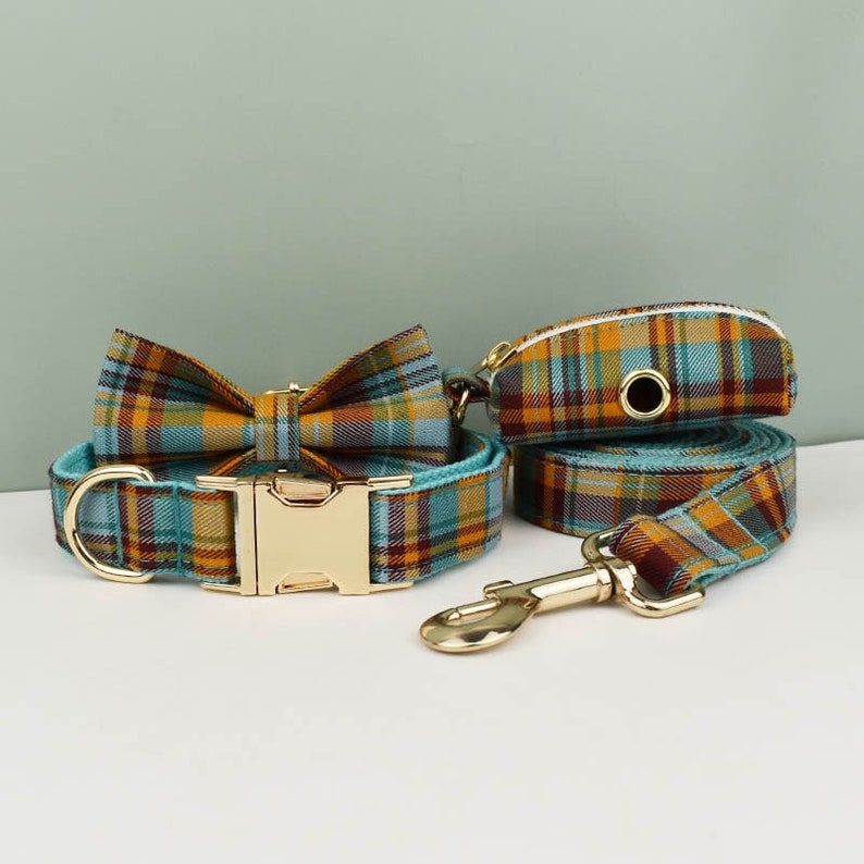 Custom Tartan Personalized Dog Collar, Matching Dog Bowtie, Dog Leash, H-Style Dog Harness, Different Combo, Blue Plaid Dog Collar image 7