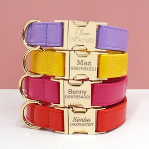 PU Leather Dog Collar, Collar/Lead/Poop Bag, Dog Collar Leash Set Purple+Yellow+Hot Pink+Orange Engraved Metal Buckle, Wedding Puppy Gift