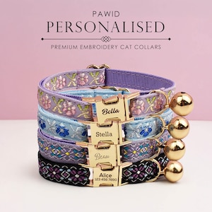 Custom Embroidery Cat Collar, Personalized Tag, Custom Cat Collar with Bell or Leash, Collar for Male Cat, Engraved Name on Puppy Collar,
