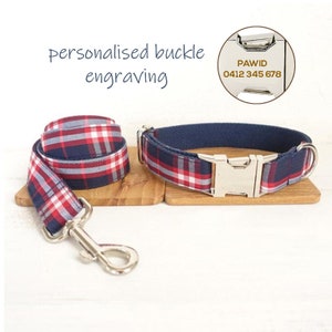 Personalized Blue Red PLAID Checkered Dog Collar / Leash / Detachable Bowtie, Laser Engraved Handmade Tartan Boy Dog Collar with Name