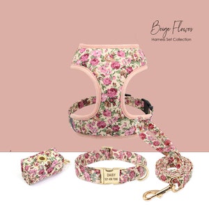 Personalized Engraved Handmade Dog Collar in Beige and Gorgeous Floral Pattern, Trendy Style for All Seasons