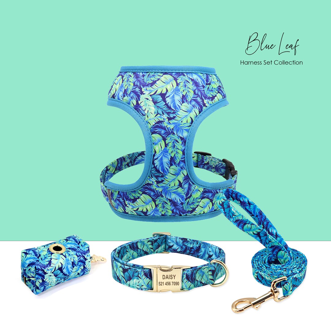 Personalized Engraved Handmade Dog Collar in Blue and Elegant Leaf