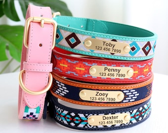 Personalized Engraved Dog Collar Tribal Embroidery Genuine Cow Leather Dog Collar with Custom Name Plate