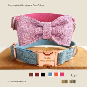 Personalized Engraved Handmade Pink Blue SUIT Dog Collar or Dog Collar and Lead Set, Dog Bow Tie Available