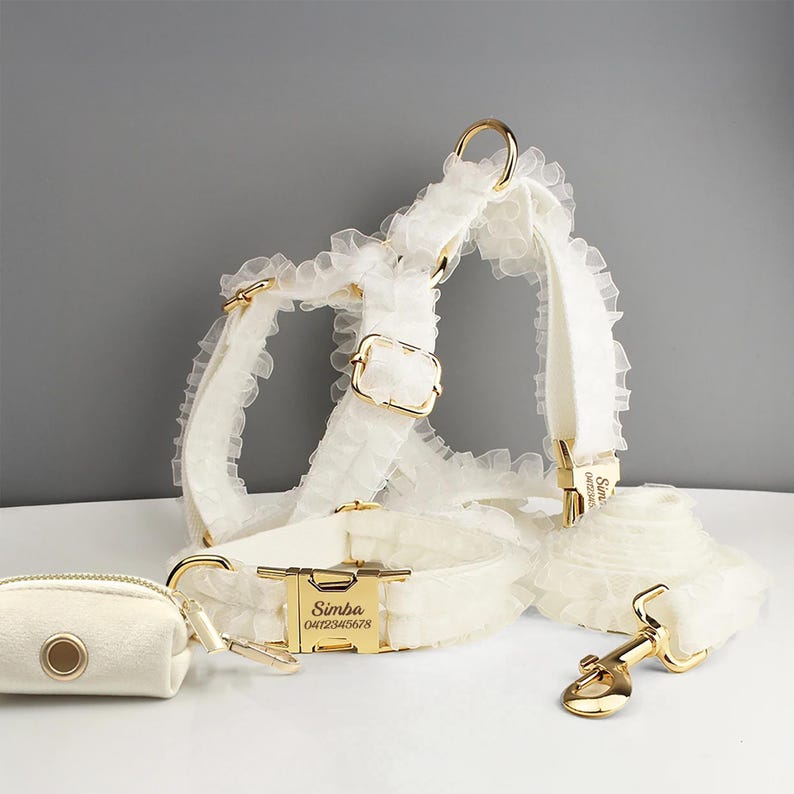 White Dog Collar, Custom Lace H-Style Dog Harness with Name, Velvet Dog Poop Bag, Leash, for Wedding, Different Combo image 1