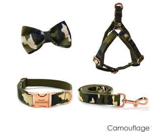 Personalized Engraved Handmade Camouflage Dog Collar or Dog Collar and Lead Set, Matching Bowtie and Step-in Harness Available