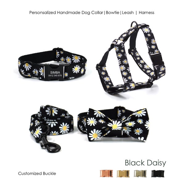 Personalized Engraved Handmade Black Daisy Dog Collar or Dog Collar and Lead Set, Matching Bowtie and Harness Available