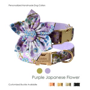 Personalized Engraved Handmade Japanese Purple Floral Dog Collar or Dog Collar and Lead Set, Bowtie and Flower Available