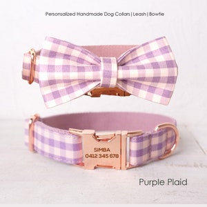 Personalized Engraved Handmade Purple Plaid Custom Dog Collar or Dog Collar and Lead Set