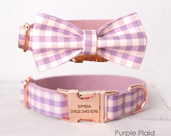 Personalized Engraved Handmade Purple Plaid Custom Dog Collar or Dog Collar and Lead Set