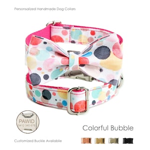 Personalized Laser Engraved Handmade Colourful Bubble Design Collar with Name, Girl Pink Fancy Dog Collar