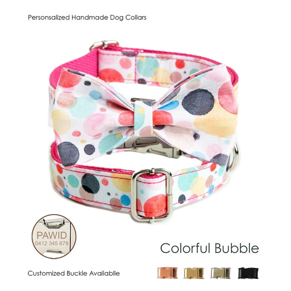 Personalized Laser Engraved Handmade Colourful Bubble Design Collar with Name, Girl Pink Fancy Dog Collar