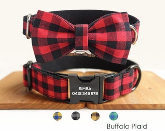 Personalized Engraved Dog Collar, Leash, Bow Tie in Buffalo Plain, Macgregor Tartan, Red/Black/Yellow/Blue/Gray