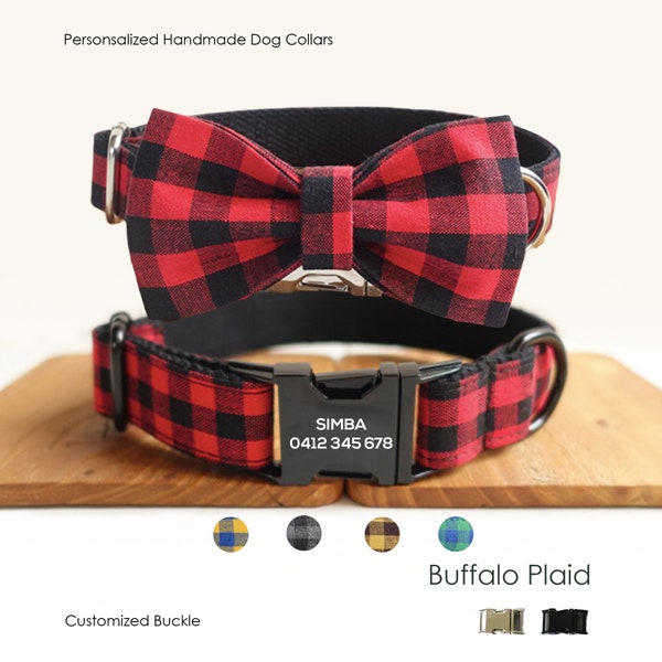 Personalized Engraved Dog Collar, Leash, Bow Tie in Buffalo Plain, Macgregor Tartan, Red/Black/Yellow/Blue/Gray