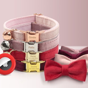 Red Cat Collar Personalized with Name for Female or Male Cat and Small Dog with Bell or Bow Tie in Pink, Dust Pink, Airtag for Cat Collar