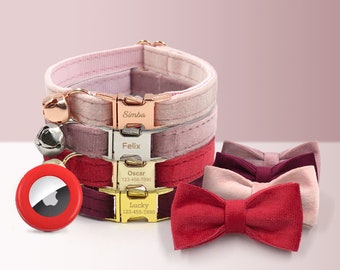 Red Cat Collar Personalized with Name for Female or Male Cat and Small Dog with Bell or Bow Tie in Pink, Dust Pink, Airtag for Cat Collar