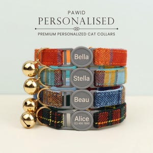 Cat Collar Breakaway Personalised Plaid Boy Girl Cat Collar, Custom Velvet Tartan Cat Collar Bowtie with Bell, Engraved Safety Buckle